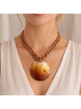 Statement Shell Pendant Necklace Triple Strand Beaded Brown Gold 12”